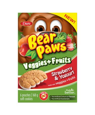 Bear Paws Veggies & Fruits Strawberry Yogourt - Soft Cookie Snack Packs made with Real Veggies and Fruits Peanut Free School Snacks 168g 6 pouches Veggies & Fruits Strawberry & Yogourt