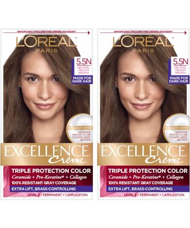 L'Oreal Paris Excellence Creme Permanent Hair Color  5.5N Medium Neutral Brown  100 percent Gray Coverage Hair Dye  Pack of 2 2 Count (Pack of 1) 5.5N Medium Neutral Brown