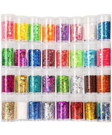 Festival Chunky and Fine Glitter Mix, Teenitor 32 Colors Chunky Sequins & Fine Glitter Powder Mix, Iridescent Glitter Flakes, Cosmetic Face Body Eye Hair Nail Art Resin Tumbler Glitter Loose Glitter 32 colors 1mm,2mm,3mm mixed chunky glitter