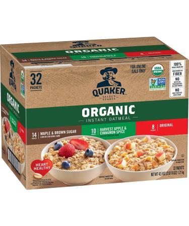 QUAKER Instant Oatmeal USDA Organic Non-GMO Project Verified 3 Flavor Variety Pack Individual Packets 32 Count