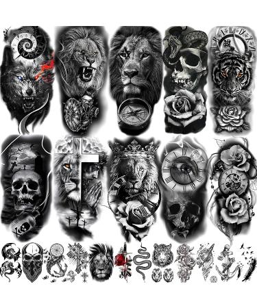 COKTAK 22 Sheets 3D Forearm Half Sleeve Temporary Tattoos For Men Women Adults, Large Tribal Lion Warrior Tiger Wolf Flower Skull Fake Tattoo Stickers Halloween, Black 3D Realistic Tatoo Rose Animals
